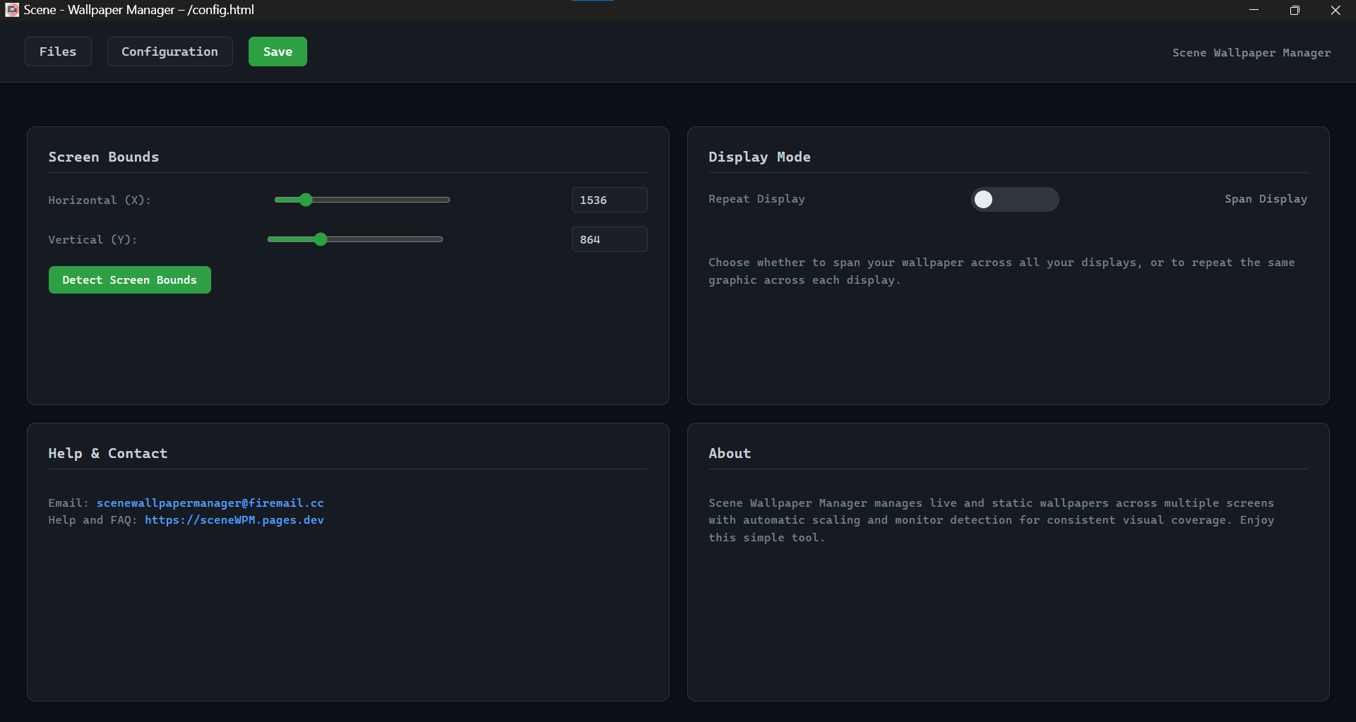 Scene Wallpaper Manager configuration settings for multi-monitor wallpaper layouts