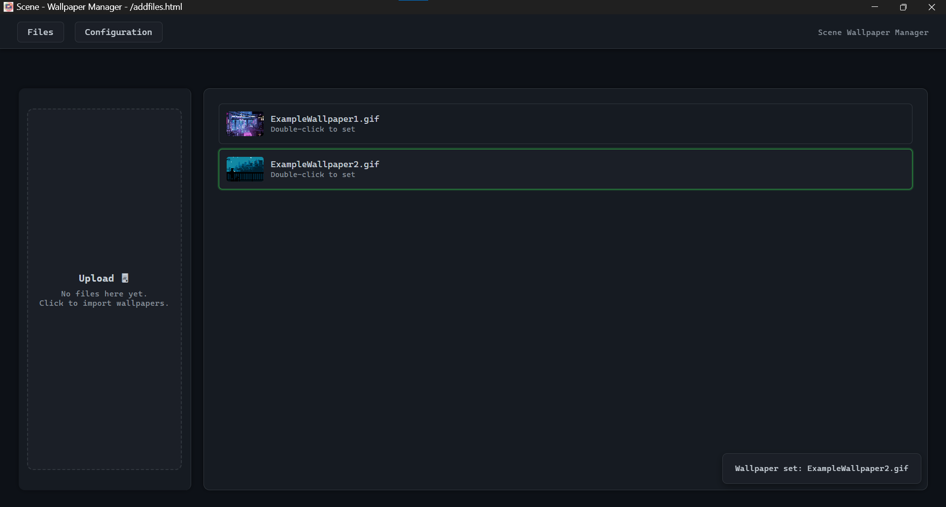 Multi-monitor wallpaper upload layout interface in Scene Wallpaper Manager